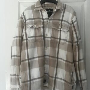Hollister Beige and White Fleece Lined Plaid Shirt Jacket